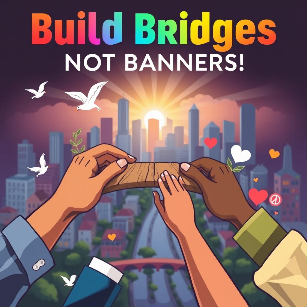 A powerful and impactful poster design that emphasizes the theme 'Build Bridges Not Banners!' The poster features a vibrant cityscape in the background, symbolizing diverse communities living together