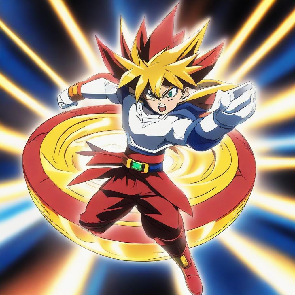 Ryuga's powerful and intricate Beyblade, known as L-Drago, spinning fiercely in a well-lit Beyblade stadium. The Beyblade is a vibrant mixture of gold and maroon, radiating energy and intensity.