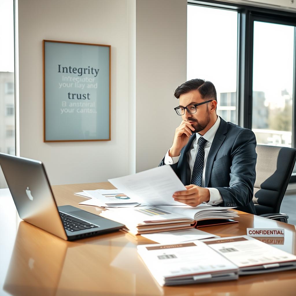 A well-dressed professional advisor thoughtfully reviewing documents in a modern office setting