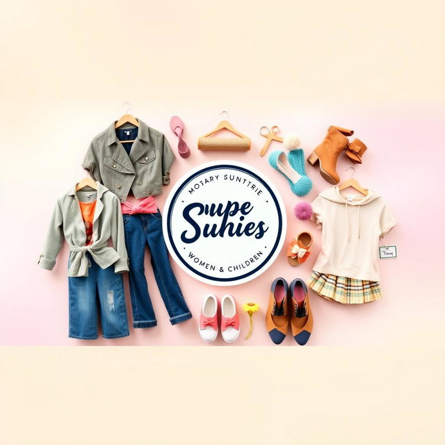 A vibrant and stylish Facebook cover photo for a women's and children's clothing store, showcasing a trendy logo prominently in the center