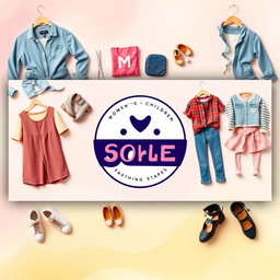 A vibrant and stylish Facebook cover photo for a women's and children's clothing store, showcasing a trendy logo prominently in the center