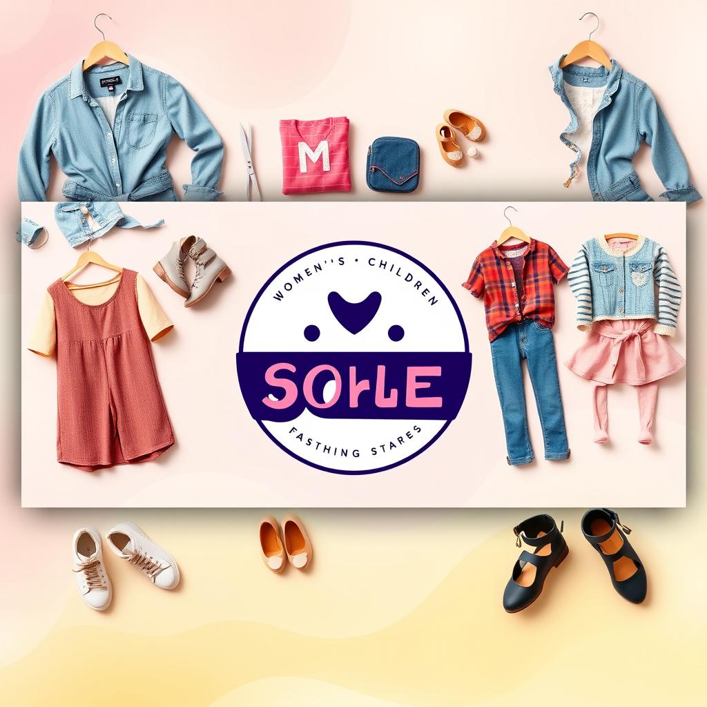 A vibrant and stylish Facebook cover photo for a women's and children's clothing store, showcasing a trendy logo prominently in the center