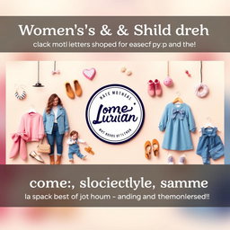A vibrant and stylish Facebook cover photo for a women's and children's clothing store, showcasing a trendy logo prominently in the center