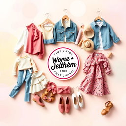 A vibrant and stylish Facebook cover photo for a women's and children's clothing store, showcasing a trendy logo prominently in the center