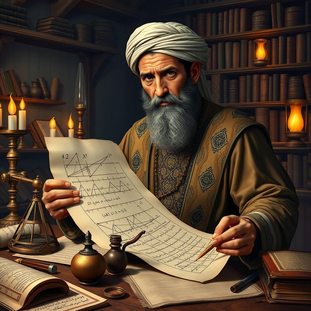 A historical depiction of the mathematician Al-Khwarizmi, portrayed as an ancient scholar in traditional Middle Eastern clothing, deeply focused on solving a complex mathematical equation on a large parchment