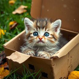 A cute, wet and dirty kitten snuggled into a cardboard box outside, surrounded by a gentle, rainy atmosphere
