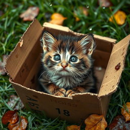 A cute, wet and dirty kitten snuggled into a cardboard box outside, surrounded by a gentle, rainy atmosphere
