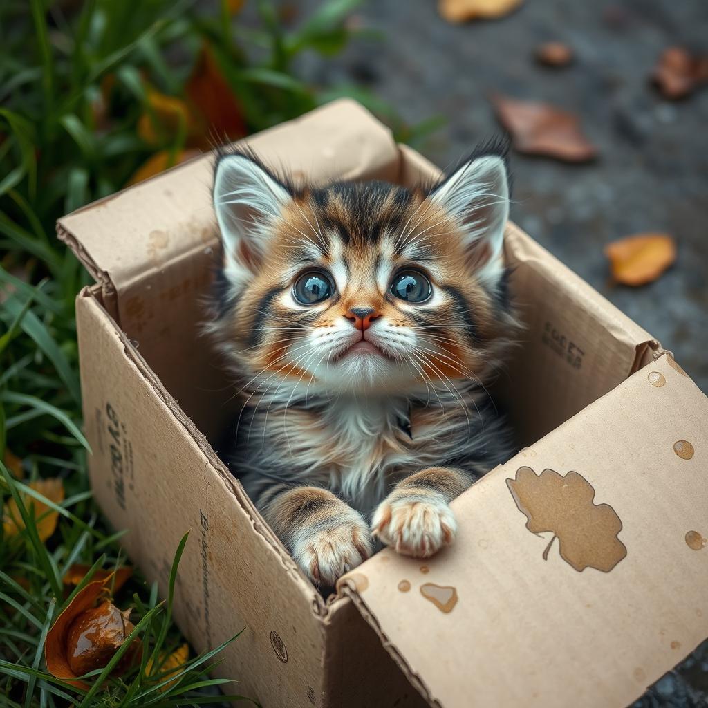 A cute, wet and dirty kitten snuggled into a cardboard box outside, surrounded by a gentle, rainy atmosphere