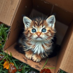 A cute, wet and dirty kitten snuggled into a cardboard box outside, surrounded by a gentle, rainy atmosphere