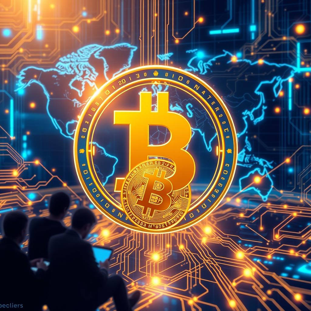 A visually striking digital artwork showcasing a futuristic representation of the Pi Network and Bitcoin collaboration