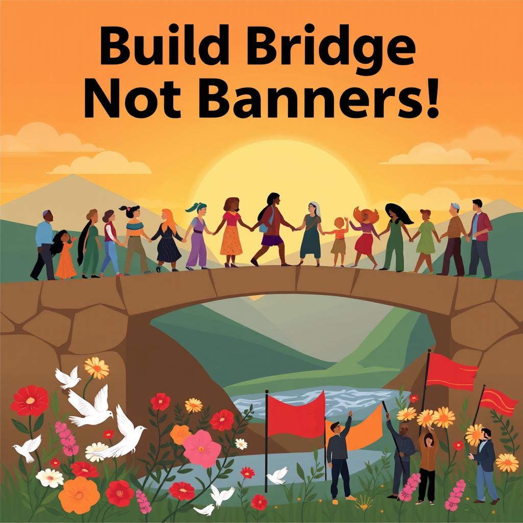 Create a visually striking poster that embodies the theme "Build Bridges Not Banners!"