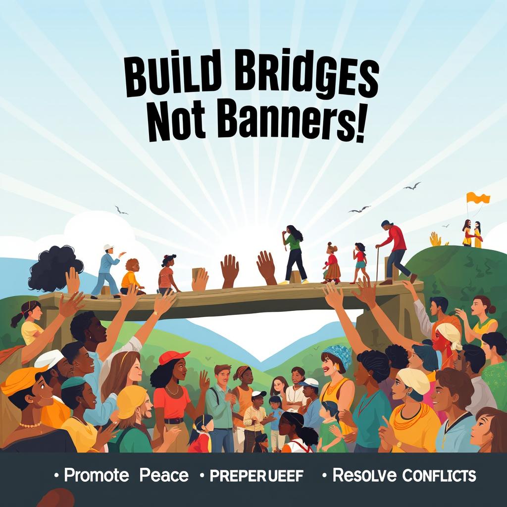 A powerful and inspiring poster design that emphasizes the theme "Build Bridges Not Banners!" The central imagery features a diverse group of people from various ethnic backgrounds coming together to build a bridge, symbolizing unity and collaboration