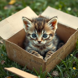 A wet and dirty baby kitten, with fluffy fur and big eyes, resting in a cardboard box surrounded by outdoor elements