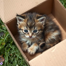 A wet and dirty baby kitten, with fluffy fur and big eyes, resting in a cardboard box surrounded by outdoor elements