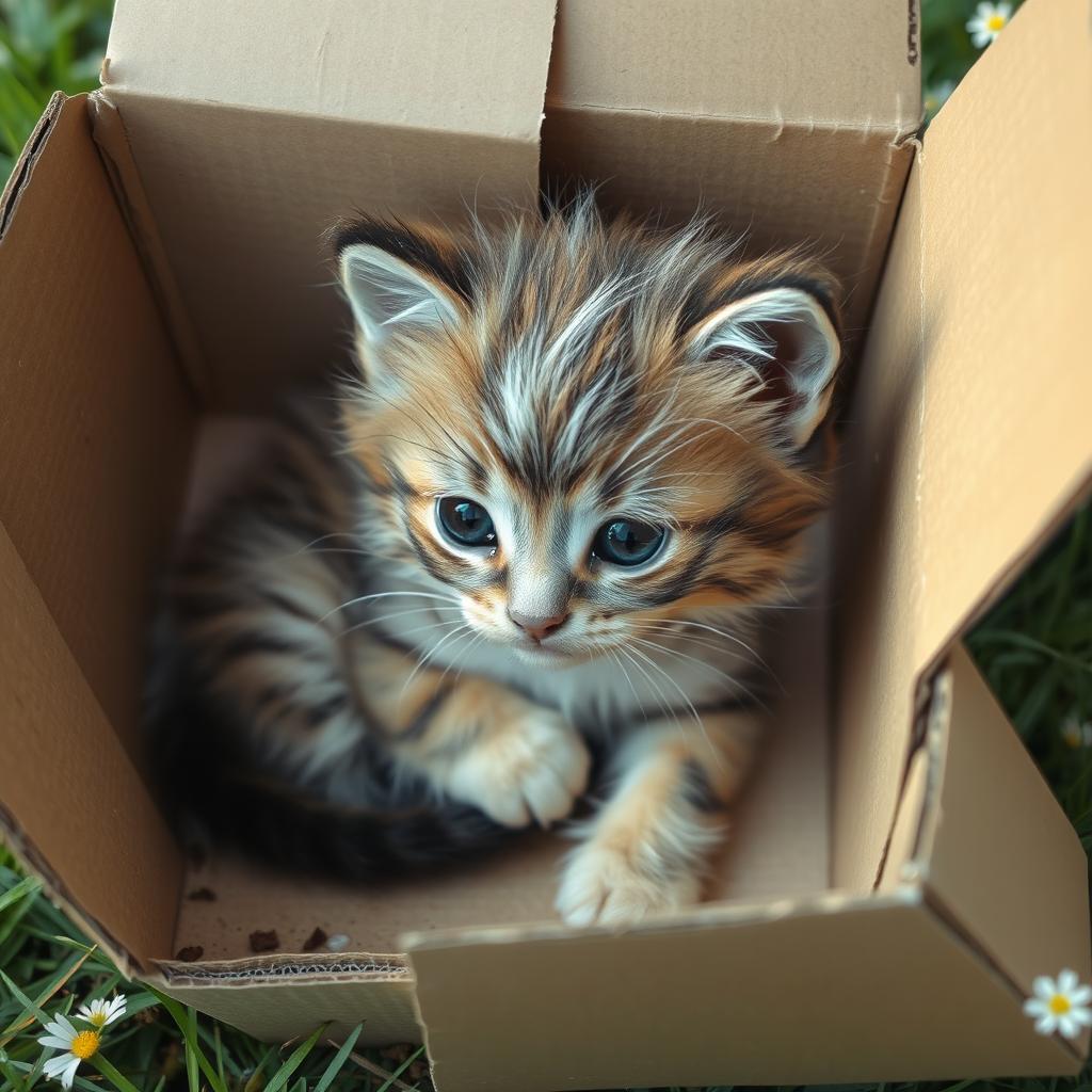A wet and dirty baby kitten, with fluffy fur and big eyes, resting in a cardboard box surrounded by outdoor elements