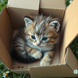 A wet and dirty baby kitten, with fluffy fur and big eyes, resting in a cardboard box surrounded by outdoor elements