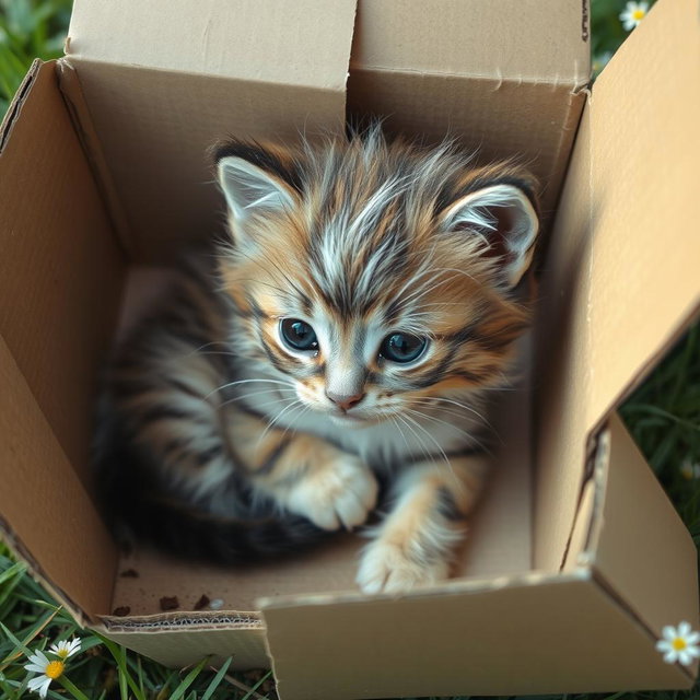 A wet and dirty baby kitten, with fluffy fur and big eyes, resting in a cardboard box surrounded by outdoor elements