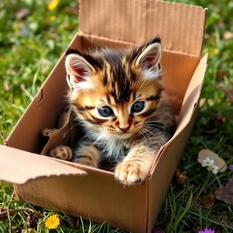 A wet and dirty baby kitten, with fluffy fur and big eyes, resting in a cardboard box surrounded by outdoor elements