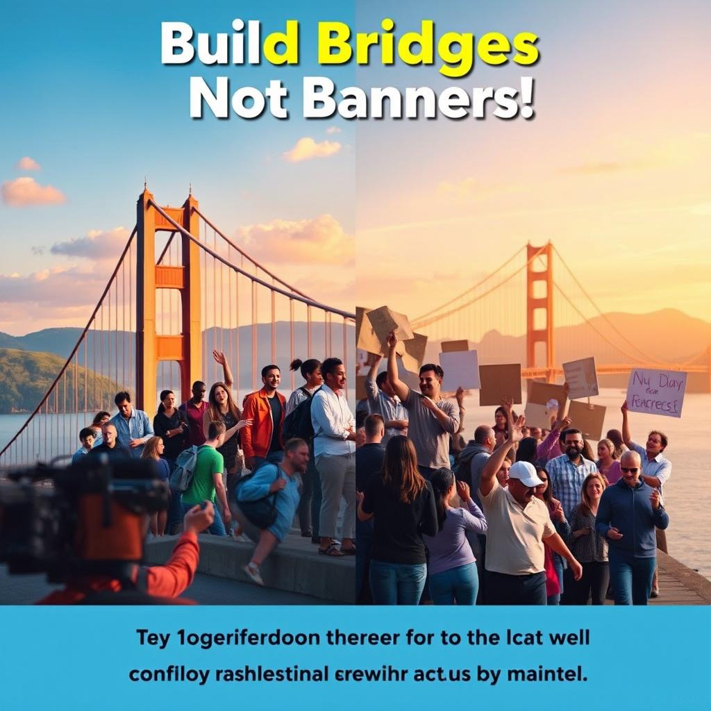 A powerful and visually striking poster focused on the theme 'Build Bridges Not Banners!' The background depicts a serene landscape with a beautiful, large bridge symbolizing unity and connection among diverse communities