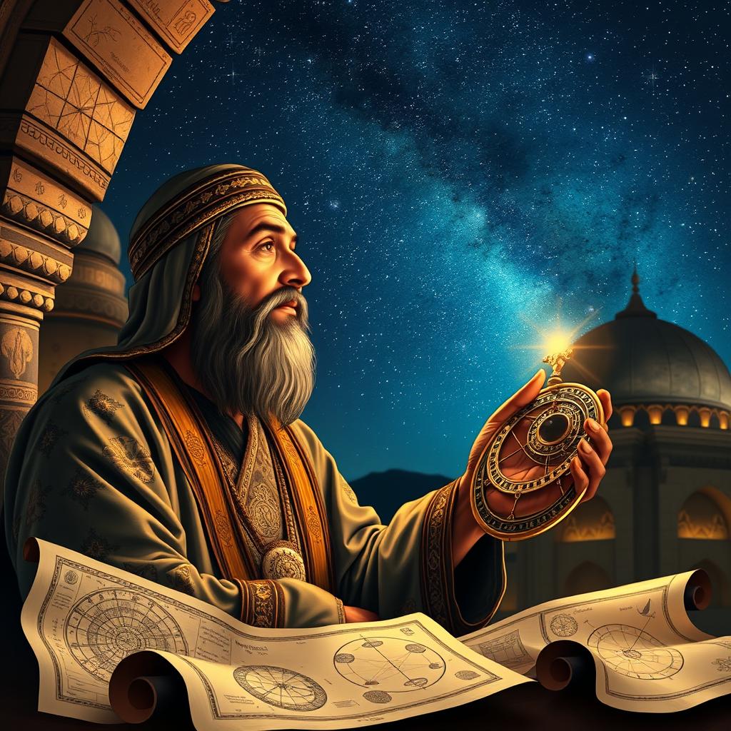 A historical scene depicting a Persian mathematician and astronomer, Al-Khwarizmi, intently gazing at the stars while holding an astrolabe in his hand