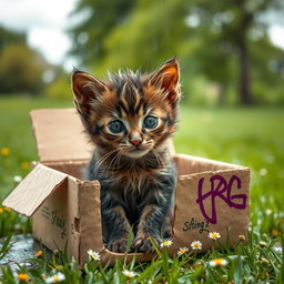 A wet and dirty baby kitten sitting in a big cardboard box outdoors