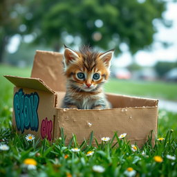 A wet and dirty baby kitten sitting in a big cardboard box outdoors