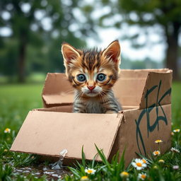 A wet and dirty baby kitten sitting in a big cardboard box outdoors