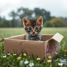 A wet and dirty baby kitten sitting in a big cardboard box outdoors