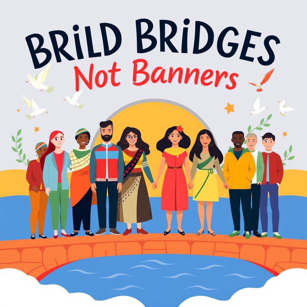 A vibrant and eye-catching poster design promoting the message "Build Bridges Not Banners!" The poster features a diverse group of people from different ethnic backgrounds, standing hand in hand on a beautifully illustrated bridge symbolizing unity and peace