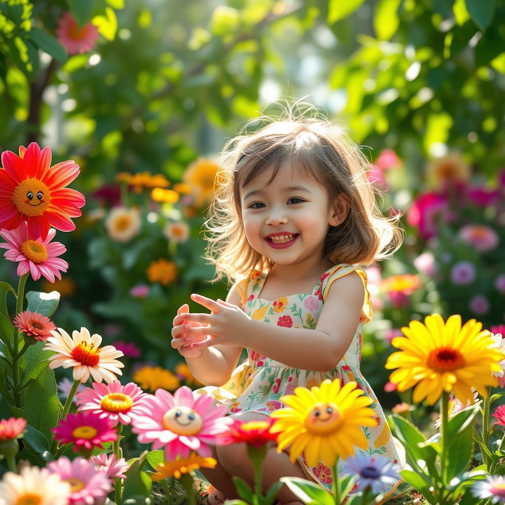 A whimsical and colorful scene of a little girl joyfully playing with enchanting live flowers that have cheerful faces