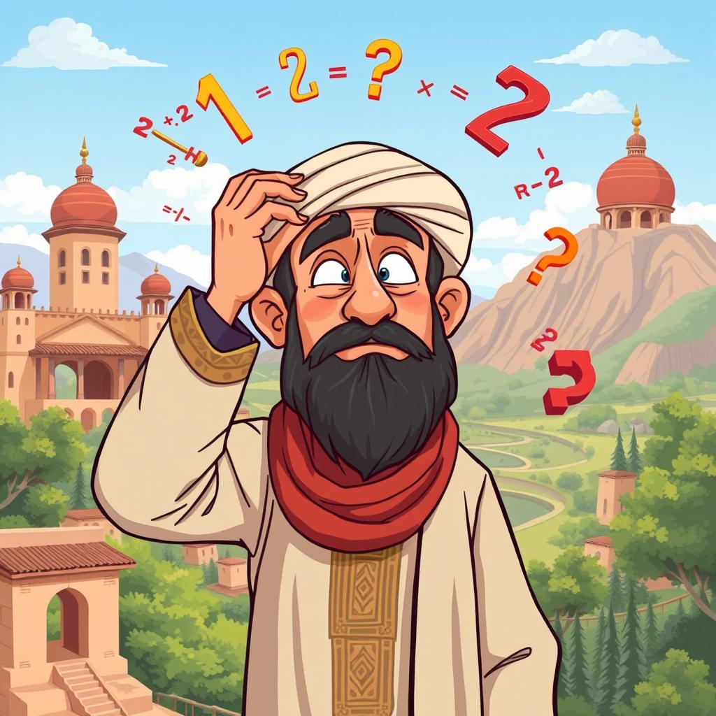 A whimsical illustration of a traditional Iranian man from Khorasan, depicted humorously engaging with mathematical concepts