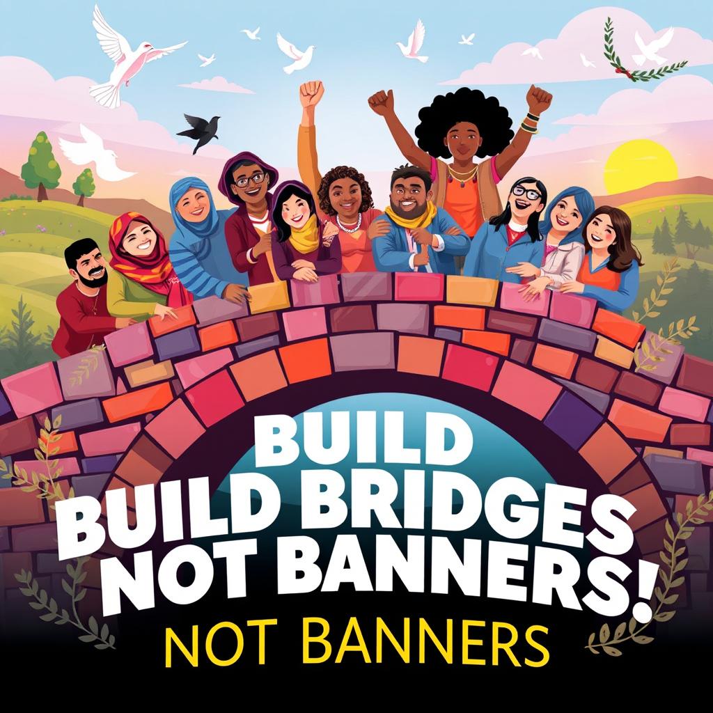 A vibrant poster design with the theme "Build Bridges Not Banners!" showcasing a diverse group of people from various ethnic backgrounds joyfully working together to construct a symbolic bridge