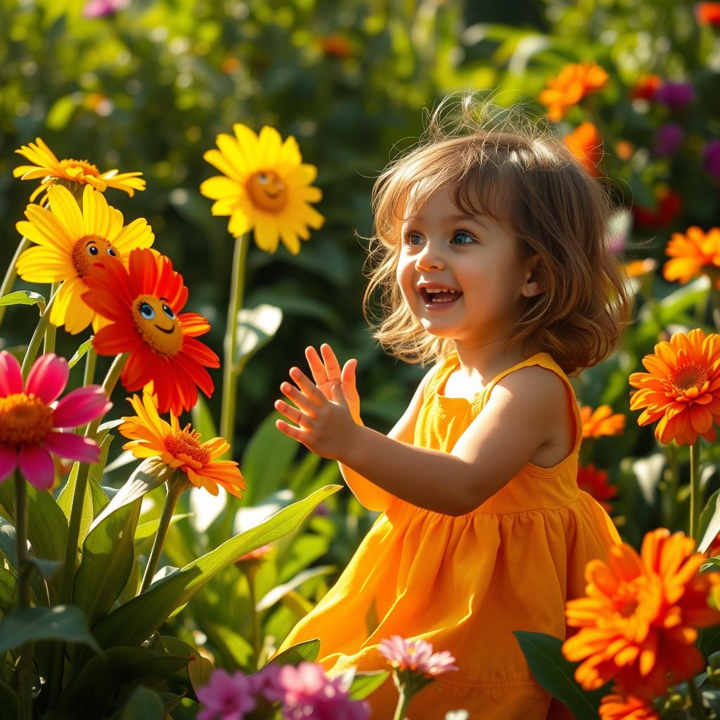 A whimsical scene depicting a little girl joyfully playing with vibrant live flowers that have animated faces