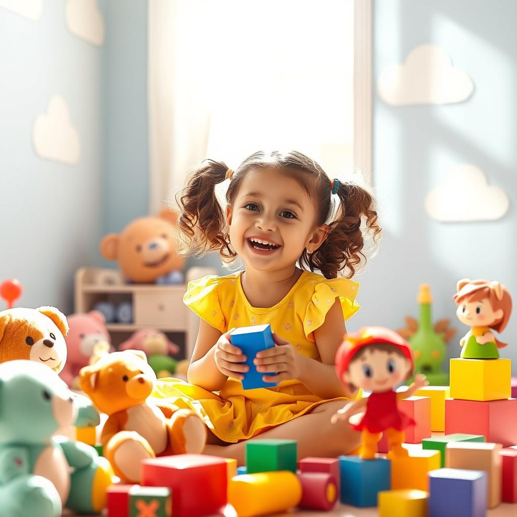 A whimsical scene where a young girl, around 6 years old, is joyfully playing in her colorful bedroom filled with an array of cute, animated toys