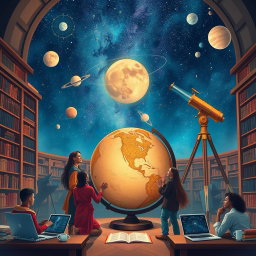 A beautifully illustrated scene depicting advancements in geography and astronomy, showcasing a mix of ancient and modern elements