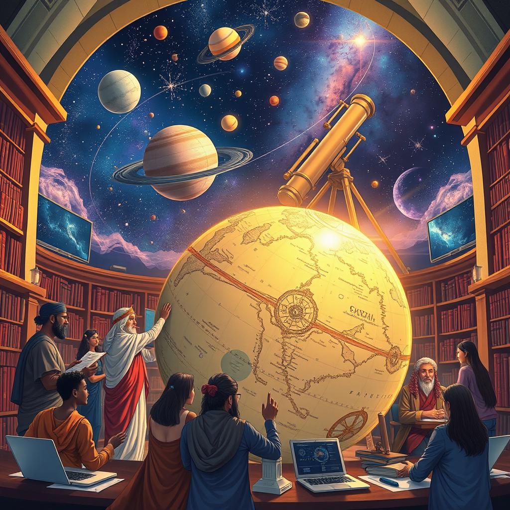A beautifully illustrated scene depicting advancements in geography and astronomy, showcasing a mix of ancient and modern elements