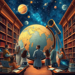 A beautifully illustrated scene depicting advancements in geography and astronomy, showcasing a mix of ancient and modern elements