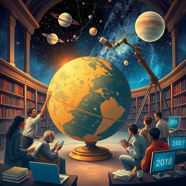 A beautifully illustrated scene depicting advancements in geography and astronomy, showcasing a mix of ancient and modern elements