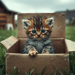 A wet and dirty sad baby kitten sitting forlornly in a large cardboard box outside