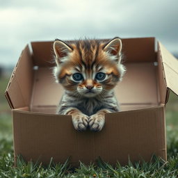 A wet and dirty sad baby kitten sitting forlornly in a large cardboard box outside