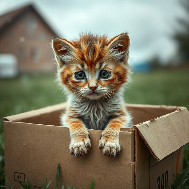 A wet and dirty sad baby kitten sitting forlornly in a large cardboard box outside