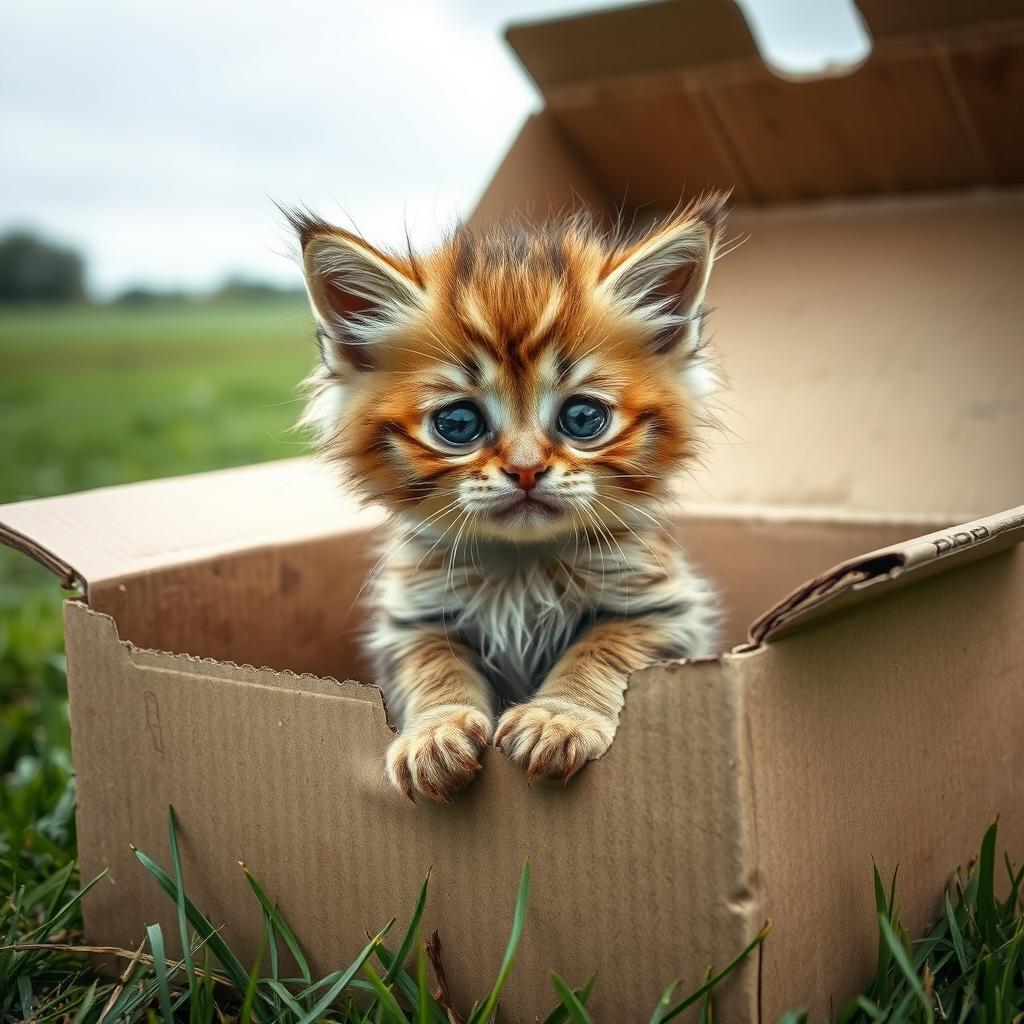 A wet and dirty sad baby kitten sitting forlornly in a large cardboard box outside
