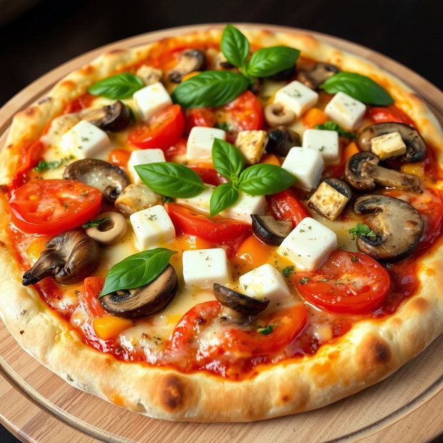 A mouthwatering vegetarian pizza featuring a generous topping of juicy tomatoes, tender mushrooms, paneer cubes, and vibrant capsicum, all enveloped in a layer of gooey mozzarella cheese that provides a deliciously creamy texture