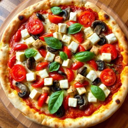 A mouthwatering vegetarian pizza featuring a generous topping of juicy tomatoes, tender mushrooms, paneer cubes, and vibrant capsicum, all enveloped in a layer of gooey mozzarella cheese that provides a deliciously creamy texture
