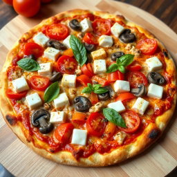 A mouthwatering vegetarian pizza featuring a generous topping of juicy tomatoes, tender mushrooms, paneer cubes, and vibrant capsicum, all enveloped in a layer of gooey mozzarella cheese that provides a deliciously creamy texture