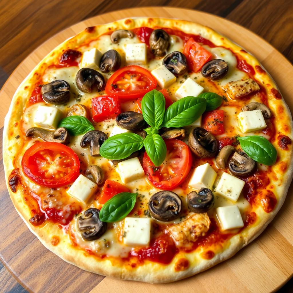 A mouthwatering vegetarian pizza featuring a generous topping of juicy tomatoes, tender mushrooms, paneer cubes, and vibrant capsicum, all enveloped in a layer of gooey mozzarella cheese that provides a deliciously creamy texture