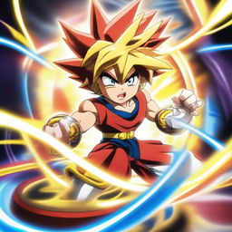 Ryuga's powerful and intricate Beyblade, known as L-Drago, spinning fiercely in a well-lit Beyblade stadium. The Beyblade is a vibrant mixture of gold and maroon, radiating energy and intensity.