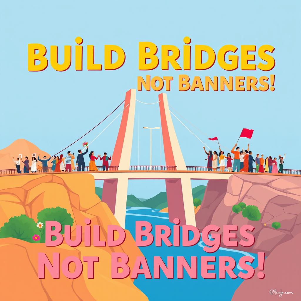 A vibrant, visually striking poster that conveys a powerful message of peace and unity with the theme 'Build Bridges Not Banners!'