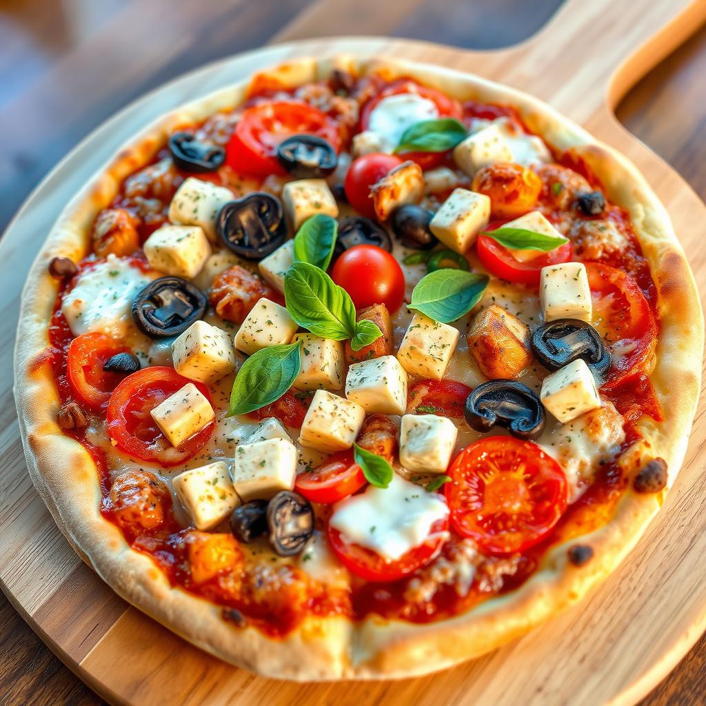 A vibrant vegetarian pizza featuring a generous topping of juicy tomatoes, tender mushrooms, paneer cubes, and crunchy capsicum, all seamlessly blended under a thick layer of gooey mozzarella cheese that contributes to a deliciously creamy texture