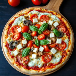 A vibrant vegetarian pizza featuring a generous topping of juicy tomatoes, tender mushrooms, paneer cubes, and crunchy capsicum, all seamlessly blended under a thick layer of gooey mozzarella cheese that contributes to a deliciously creamy texture